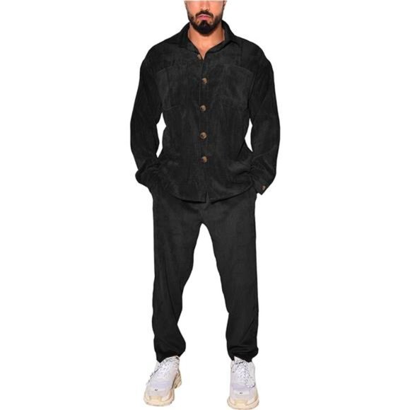 Men's 2 Piece Outfit Corduroy Casual Long Sleeve Shirt Pant Sets Black